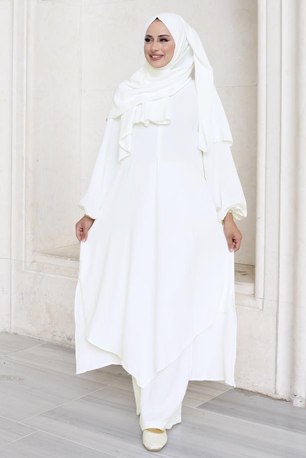 Vêtements hijab ÉCRU ENSEMBLE PANTALON AVEC CHÂLE T 7393-1 - TRENDTESETTÜR