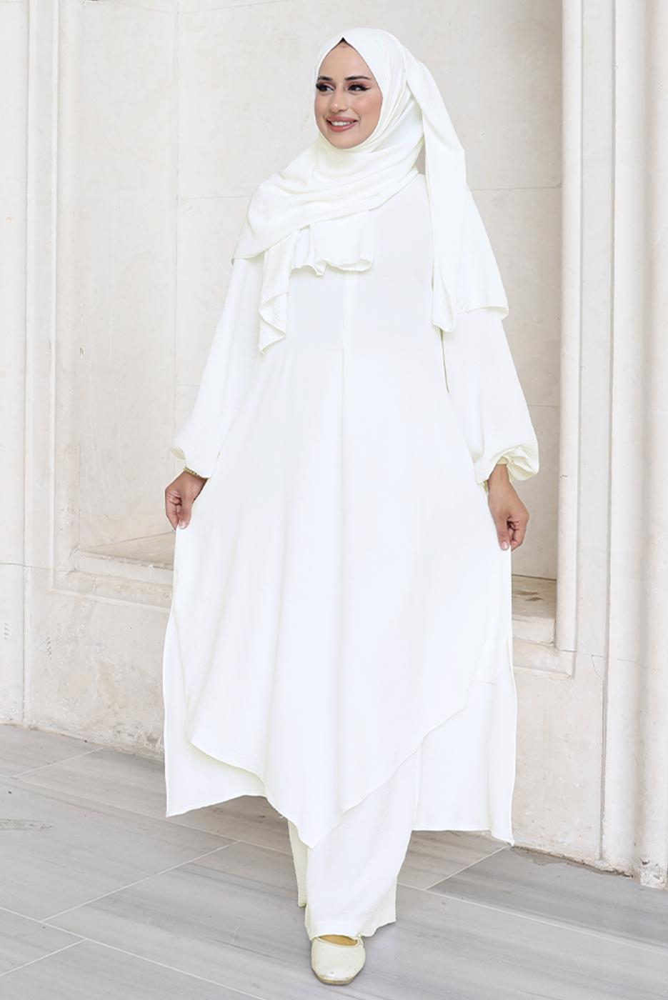 Vêtements hijab ÉCRU ENSEMBLE PANTALON AVEC CHÂLE T 7393-1