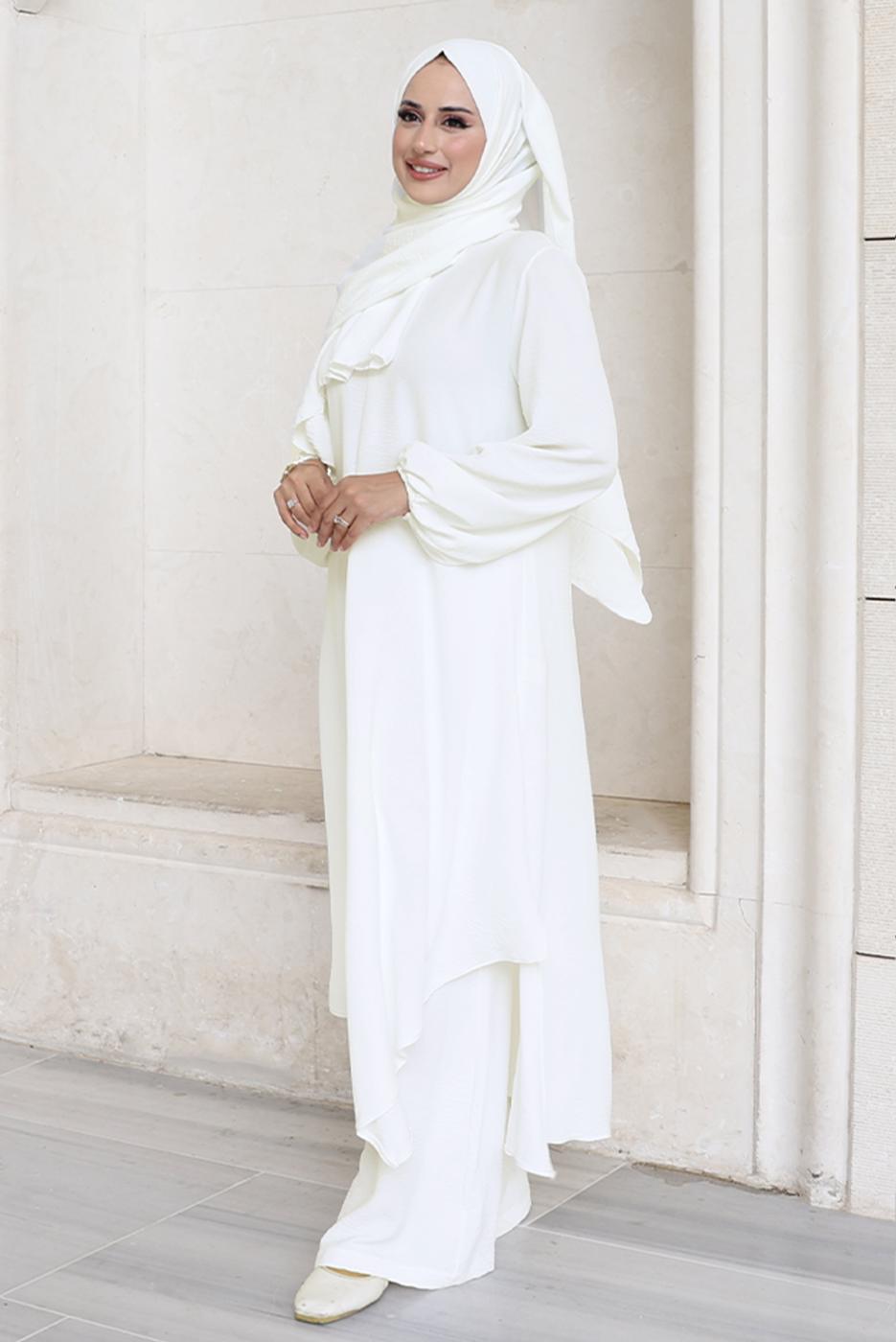 Vêtements hijab ÉCRU ENSEMBLE PANTALON AVEC CHÂLE T 7393-1