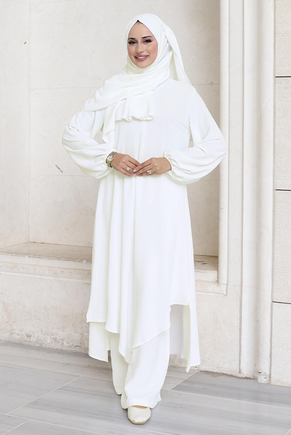 Vêtements hijab ÉCRU ENSEMBLE PANTALON AVEC CHÂLE T 7393-1