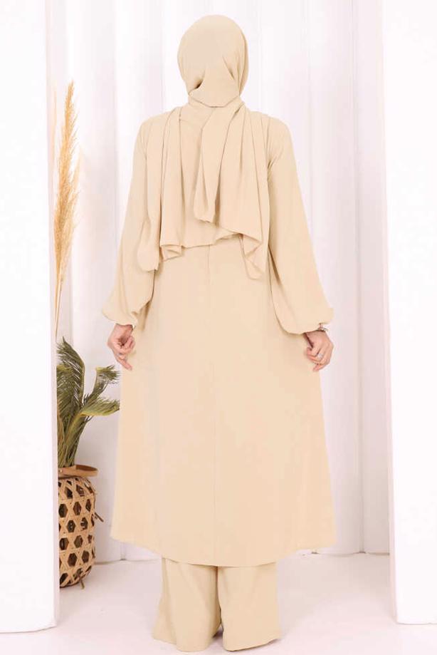 Vêtements hijab BEIGE ENSEMBLE PANTALON AVEC CHÂLE T 7393-1 - TRENDTESETTÜR