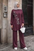 Vêtements hijab ROUGE BORDEAUX ENSEMBLE PANTALON BRODÉ DE PERLES T 7722