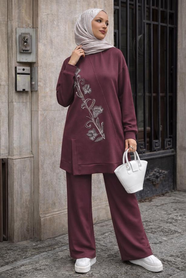 Vêtements hijab ROUGE BORDEAUX ENSEMBLE PANTALON BRODÉ DE PERLES T 7722 - TRENDTESETTÜR