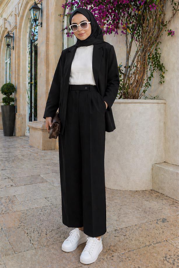 Tesettür giyim SİYAH KRUVAZE YAKA PANTOLONLU TAKIM T 7726 - TRENDTESETTÜR