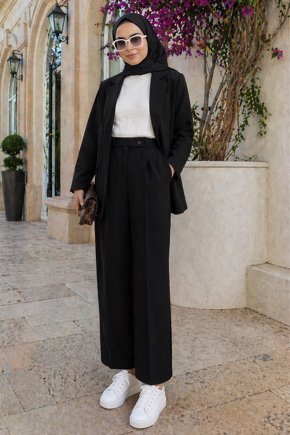 Tesettür giyim SİYAH KRUVAZE YAKA PANTOLONLU TAKIM T 7726
