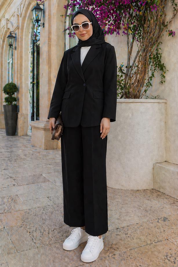 Tesettür giyim SİYAH KRUVAZE YAKA PANTOLONLU TAKIM T 7726 - TRENDTESETTÜR