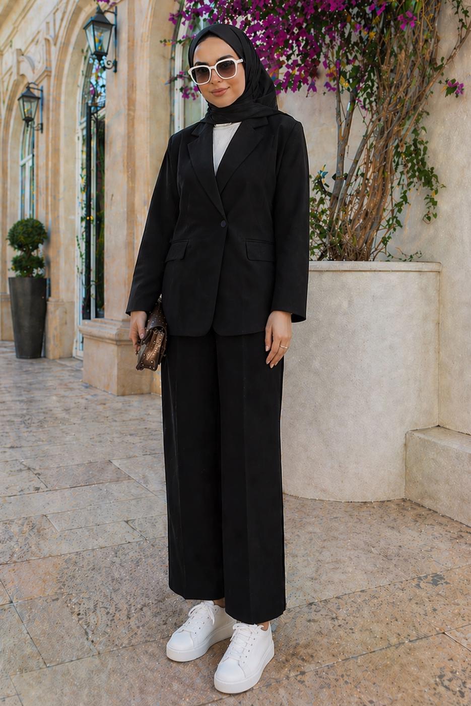 Tesettür giyim SİYAH KRUVAZE YAKA PANTOLONLU TAKIM T 7726