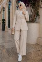 Tesettür giyim BEJ KRUVAZE YAKA PANTOLONLU TAKIM T 7726