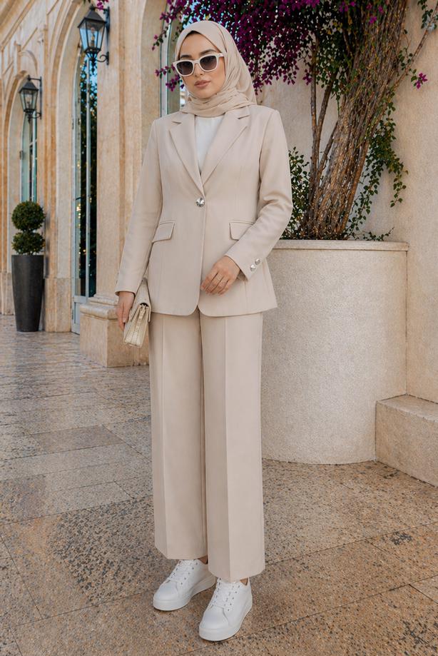 Tesettür giyim BEJ KRUVAZE YAKA PANTOLONLU TAKIM T 7726 - TRENDTESETTÜR