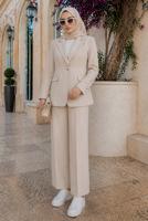 Tesettür giyim BEJ KRUVAZE YAKA PANTOLONLU TAKIM T 7726
