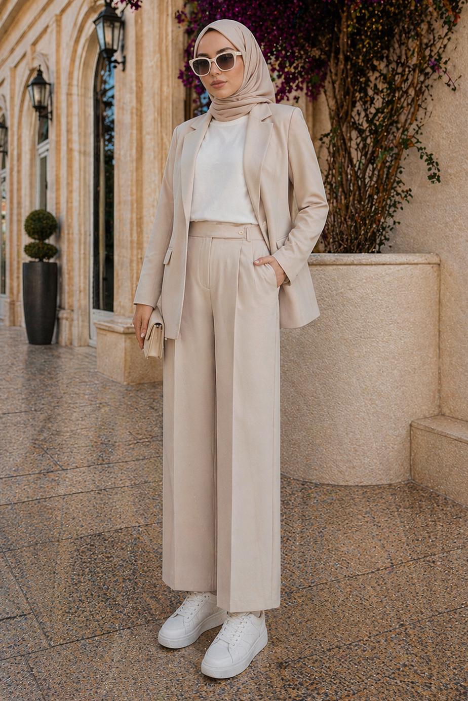 Tesettür giyim BEJ KRUVAZE YAKA PANTOLONLU TAKIM T 7726