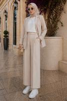 Tesettür giyim BEJ KRUVAZE YAKA PANTOLONLU TAKIM T 7726