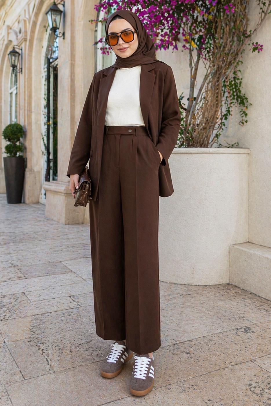 Tesettür giyim KAHVE KRUVAZE YAKA PANTOLONLU TAKIM T 7726