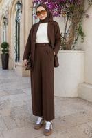 Tesettür giyim KAHVE KRUVAZE YAKA PANTOLONLU TAKIM T 7726