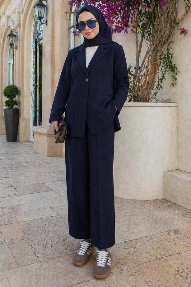 Tesettür giyim LACİVERT KRUVAZE YAKA PANTOLONLU TAKIM T 7726 - TRENDTESETTÜR