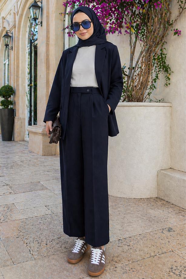 Tesettür giyim LACİVERT KRUVAZE YAKA PANTOLONLU TAKIM T 7726 - TRENDTESETTÜR