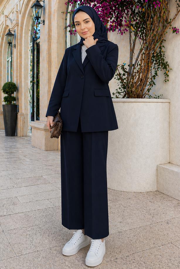 Tesettür giyim LACİVERT KRUVAZE YAKA PANTOLONLU TAKIM T 7726 - TRENDTESETTÜR