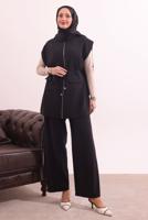 Tesettür giyim SİYAH BELİ BAĞCIKLI PANTOLONLU TAKIM T 7817