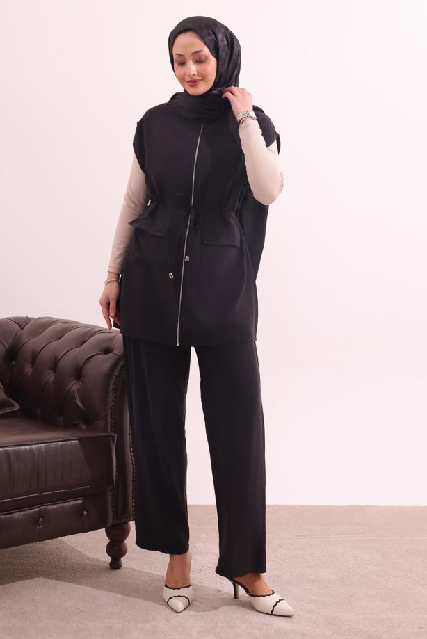 Tesettür giyim SİYAH BELİ BAĞCIKLI PANTOLONLU TAKIM T 7817 - TRENDTESETTÜR