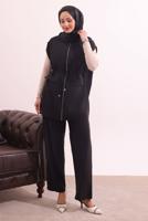 Tesettür giyim SİYAH BELİ BAĞCIKLI PANTOLONLU TAKIM T 7817