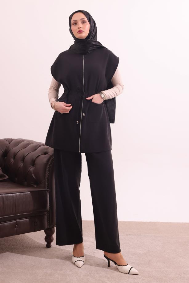 Tesettür giyim SİYAH BELİ BAĞCIKLI PANTOLONLU TAKIM T 7817 - TRENDTESETTÜR