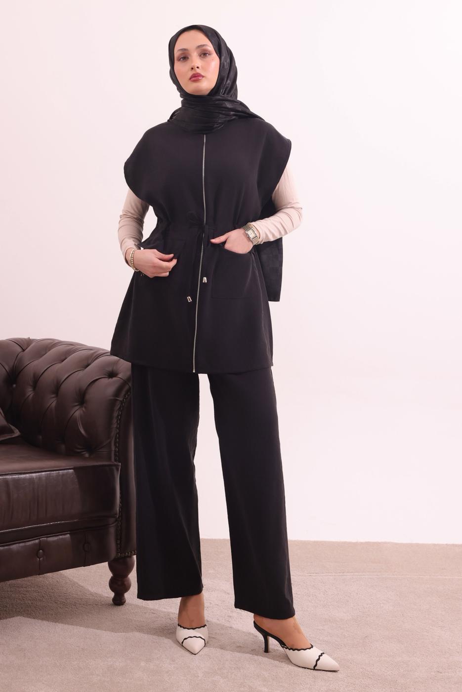 Tesettür giyim SİYAH BELİ BAĞCIKLI PANTOLONLU TAKIM T 7817