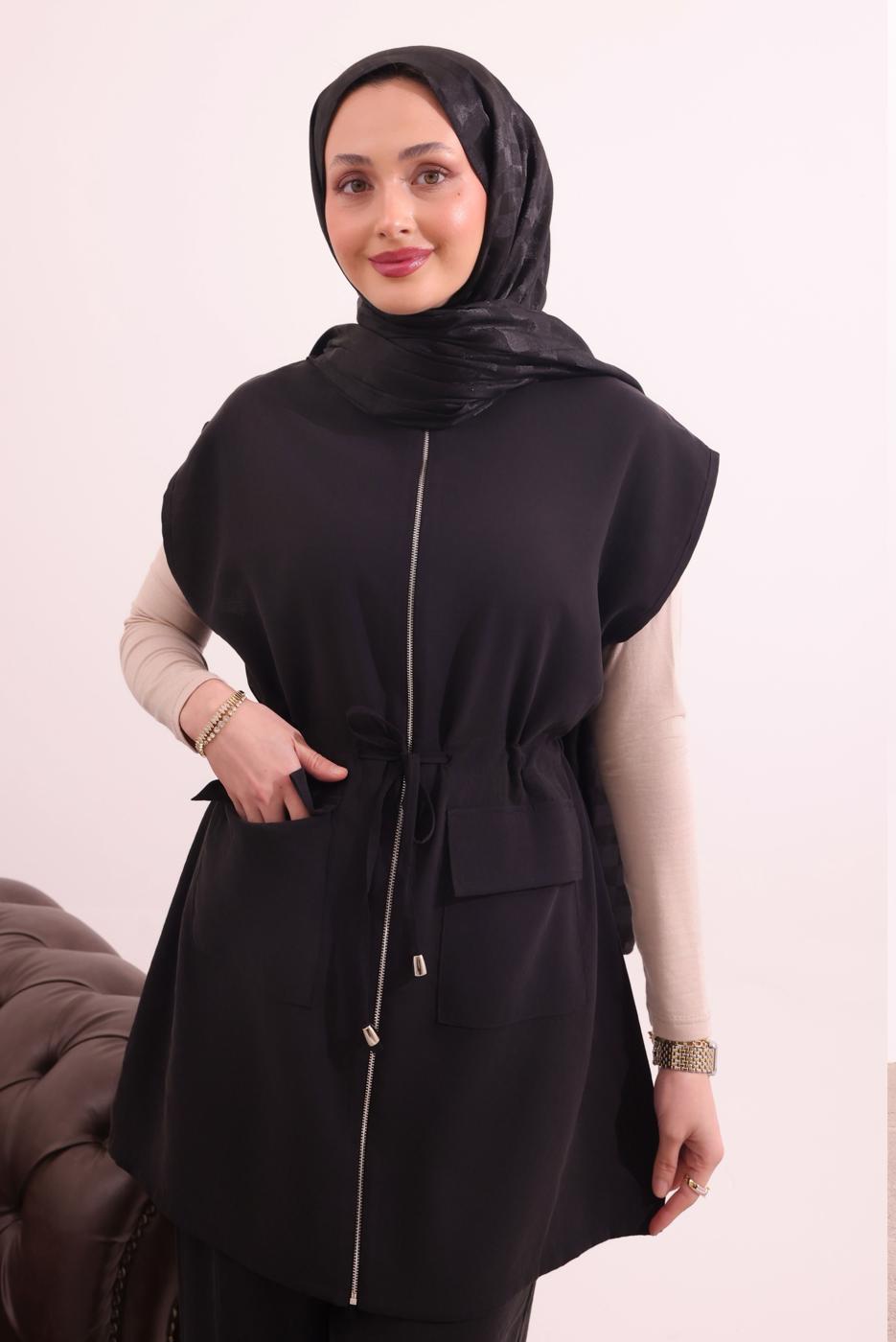 Tesettür giyim SİYAH BELİ BAĞCIKLI PANTOLONLU TAKIM T 7817