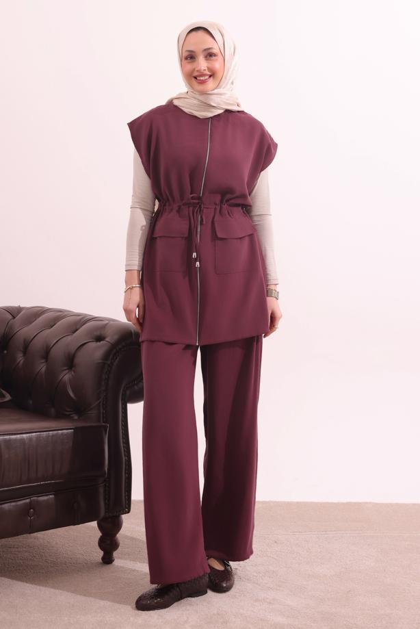 Tesettür giyim BORDO BELİ BAĞCIKLI PANTOLONLU TAKIM T 7817 - TRENDTESETTÜR