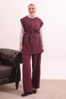 Tesettür giyim BORDO BELİ BAĞCIKLI PANTOLONLU TAKIM T 7817