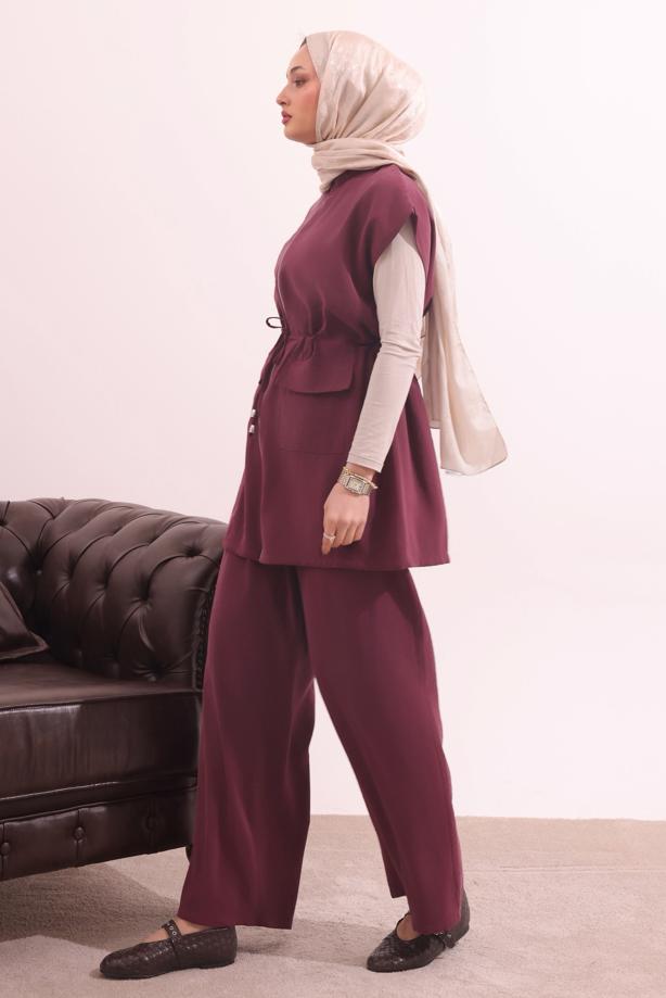 Tesettür giyim BORDO BELİ BAĞCIKLI PANTOLONLU TAKIM T 7817 - TRENDTESETTÜR