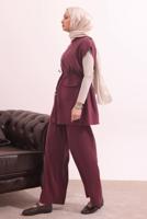 Tesettür giyim BORDO BELİ BAĞCIKLI PANTOLONLU TAKIM T 7817
