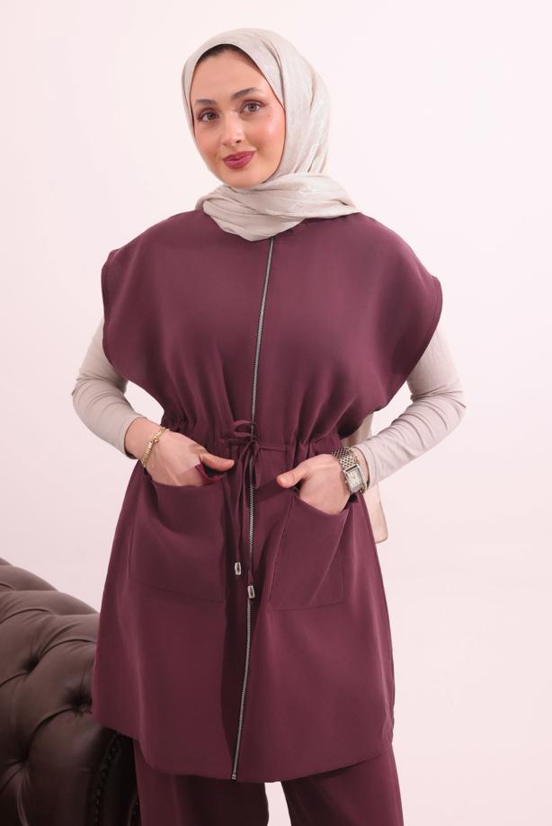 Tesettür giyim BORDO BELİ BAĞCIKLI PANTOLONLU TAKIM T 7817 - TRENDTESETTÜR