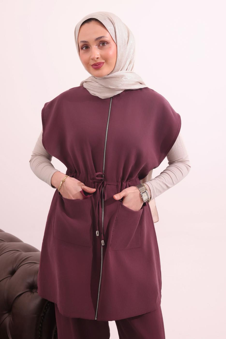 Tesettür giyim BORDO BELİ BAĞCIKLI PANTOLONLU TAKIM T 7817