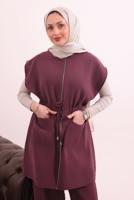 Tesettür giyim BORDO BELİ BAĞCIKLI PANTOLONLU TAKIM T 7817