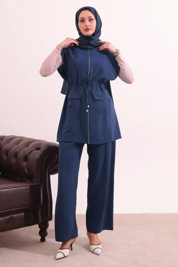 Tesettür giyim LACİVERT BELİ BAĞCIKLI PANTOLONLU TAKIM T 7817 - TRENDTESETTÜR