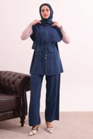 Tesettür giyim LACİVERT BELİ BAĞCIKLI PANTOLONLU TAKIM T 7817