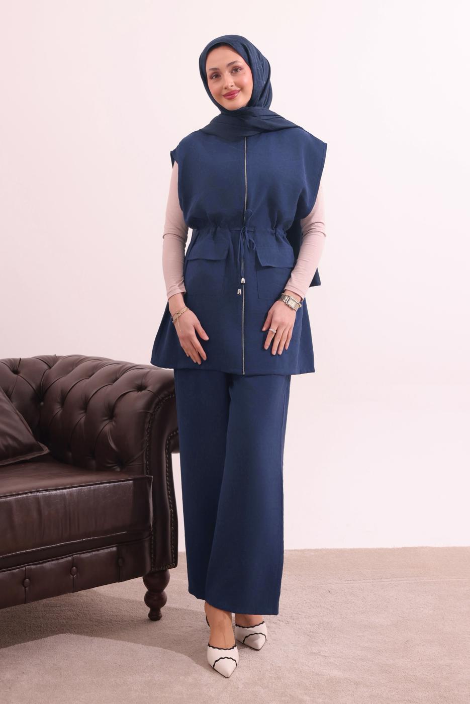 Tesettür giyim LACİVERT BELİ BAĞCIKLI PANTOLONLU TAKIM T 7817
