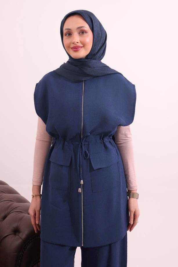 Tesettür giyim LACİVERT BELİ BAĞCIKLI PANTOLONLU TAKIM T 7817 - TRENDTESETTÜR