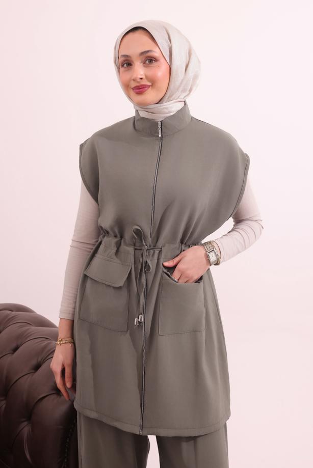 Tesettür giyim VİZON BELİ BAĞCIKLI PANTOLONLU TAKIM T 7817 - TRENDTESETTÜR