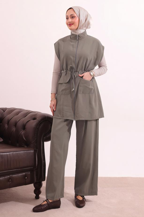 Tesettür giyim VİZON BELİ BAĞCIKLI PANTOLONLU TAKIM T 7817 - TRENDTESETTÜR