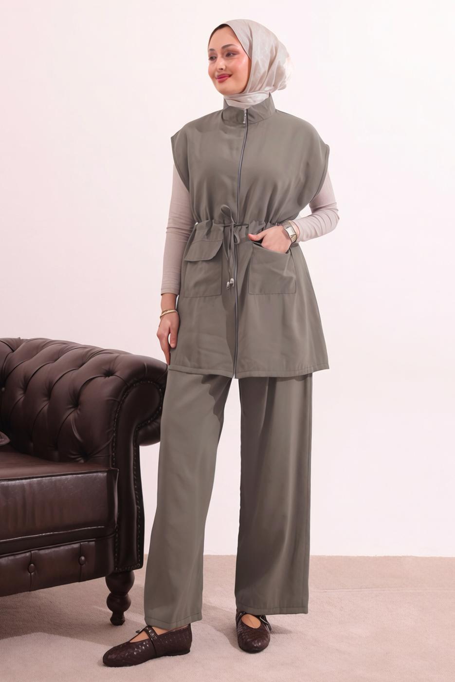 Tesettür giyim VİZON BELİ BAĞCIKLI PANTOLONLU TAKIM T 7817