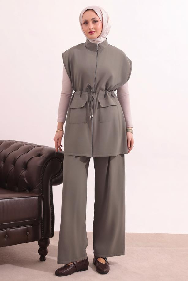 Tesettür giyim VİZON BELİ BAĞCIKLI PANTOLONLU TAKIM T 7817 - TRENDTESETTÜR