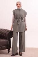 Tesettür giyim VİZON BELİ BAĞCIKLI PANTOLONLU TAKIM T 7817