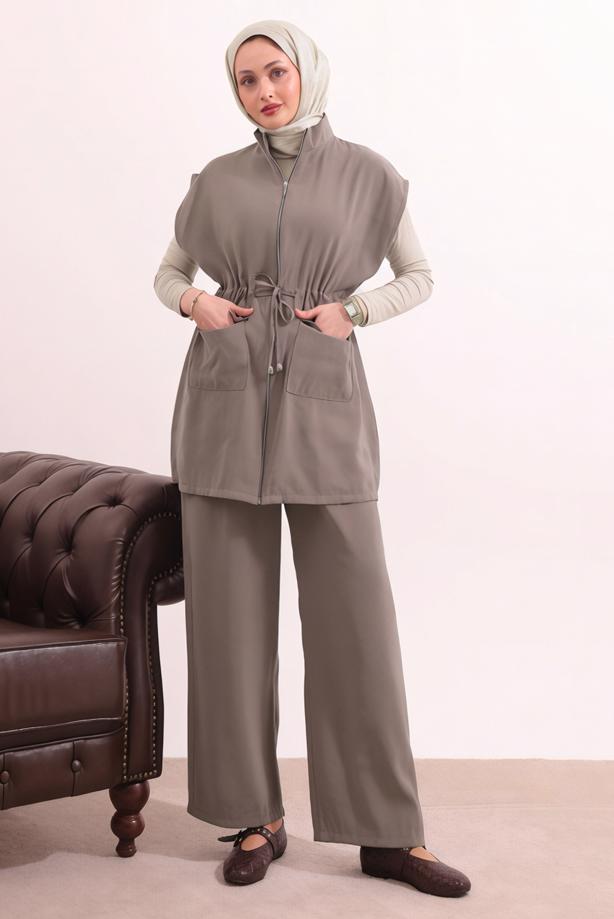 Tesettür giyim VİZON BELİ BAĞCIKLI PANTOLONLU TAKIM T 7817 - TRENDTESETTÜR