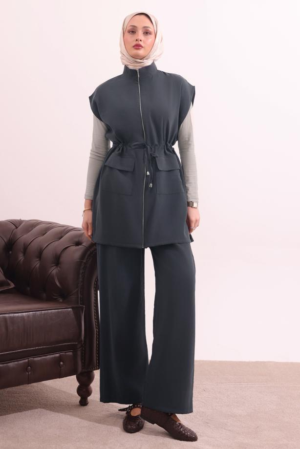 Tesettür giyim GRİ BELİ BAĞCIKLI PANTOLONLU TAKIM T 7817 - TRENDTESETTÜR
