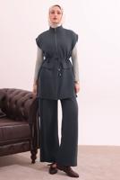 Tesettür giyim GRİ BELİ BAĞCIKLI PANTOLONLU TAKIM T 7817