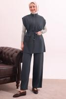 Tesettür giyim GRİ BELİ BAĞCIKLI PANTOLONLU TAKIM T 7817