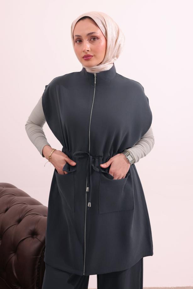 Tesettür giyim GRİ BELİ BAĞCIKLI PANTOLONLU TAKIM T 7817 - TRENDTESETTÜR