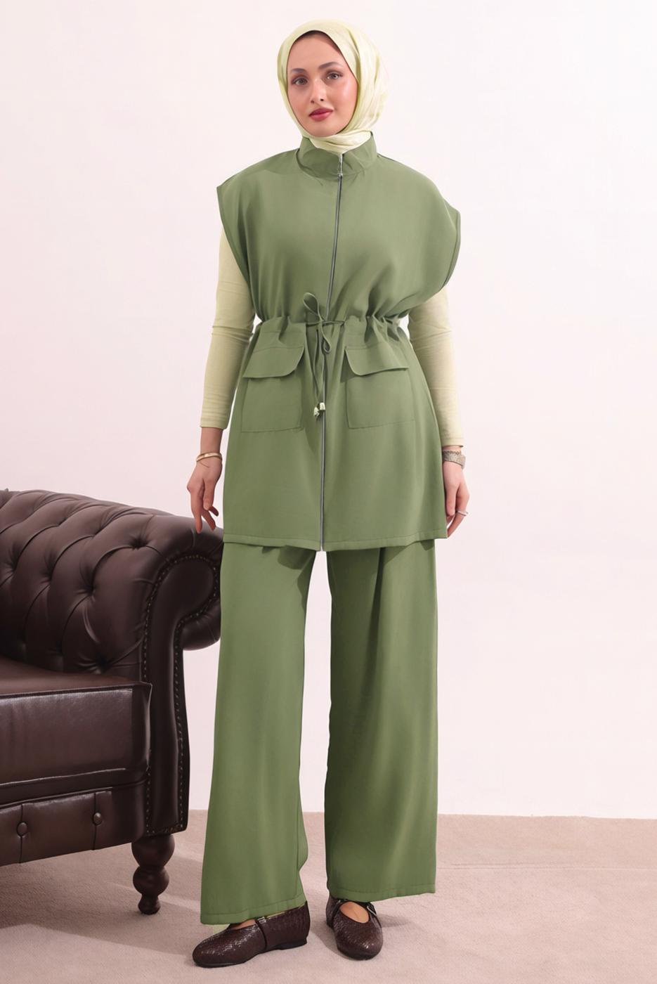 Tesettür giyim YEŞİL BELİ BAĞCIKLI PANTOLONLU TAKIM T 7817