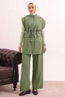 Tesettür giyim YEŞİL BELİ BAĞCIKLI PANTOLONLU TAKIM T 7817